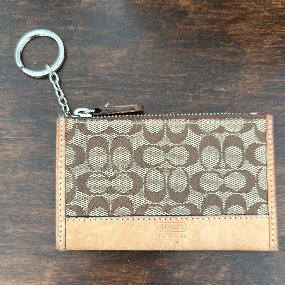 Coach Brown and Tan Signature Keychain Wallet